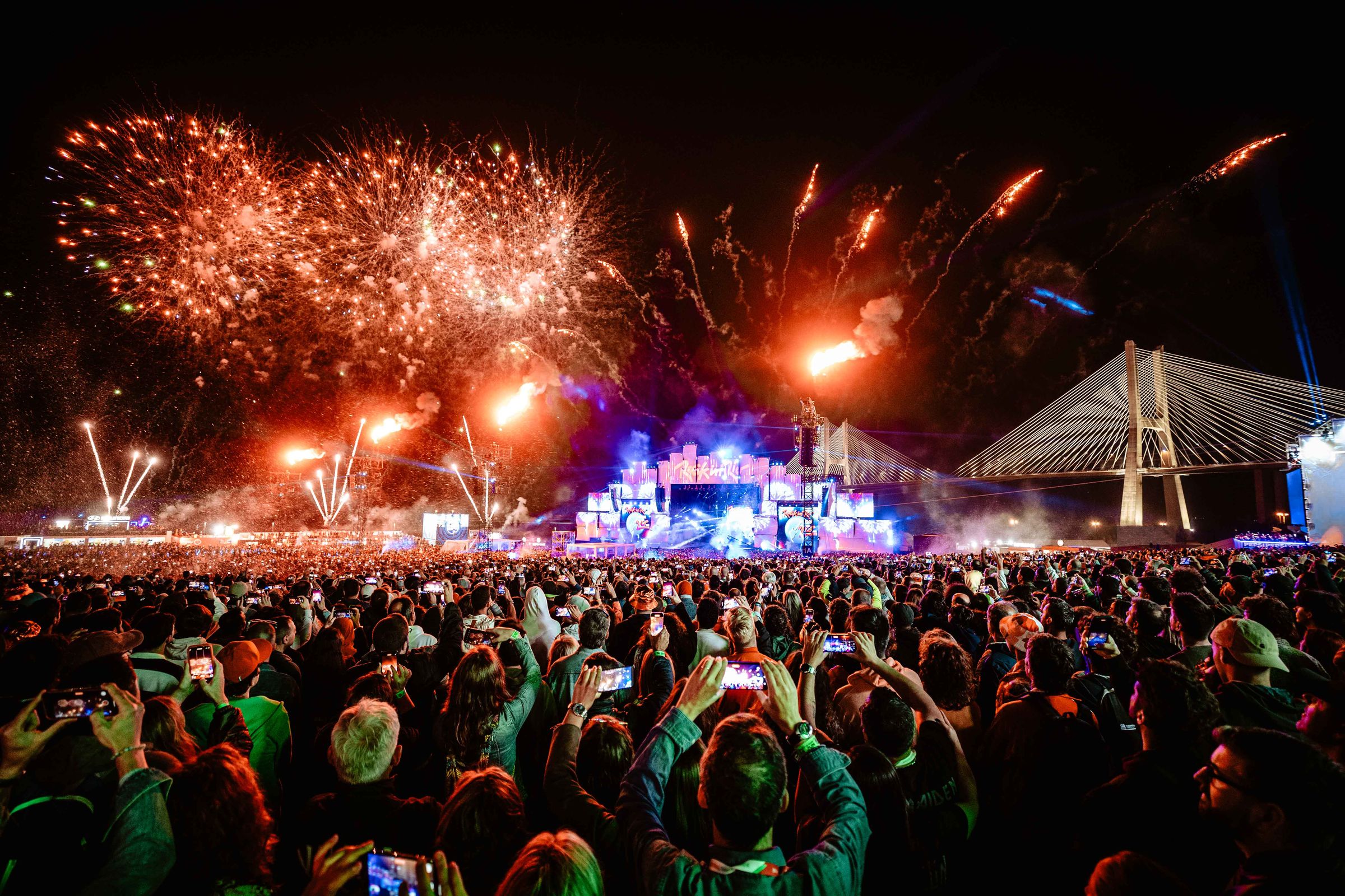 Rock in Rio Lisboa — fireworks over the main stage and the Vasco da Gama bridge